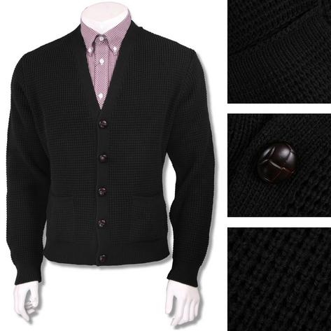 Skinhead Mod Pocket Waffle Knit Cardigan "leather" Football Buttons Thumbnail 4