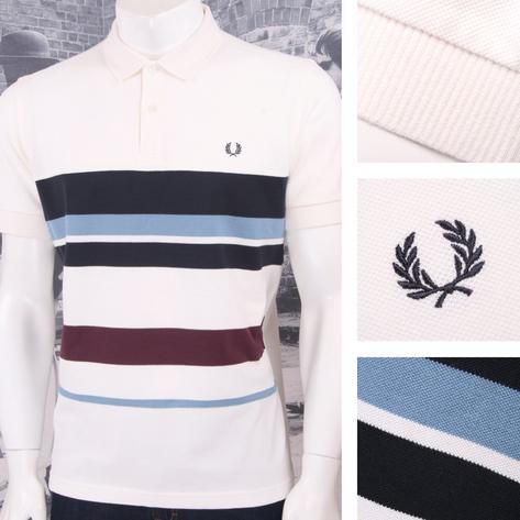 Fred Perry Mod 60's Retro Mixed Multi Stripe Pique Polo Shirt Ecru Thumbnail 1