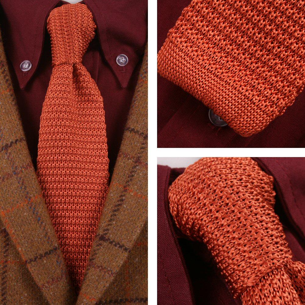 Knightsbridge Retro Mod 60's Slim Square End Plain Knitted Silk Tie Burnt Orange