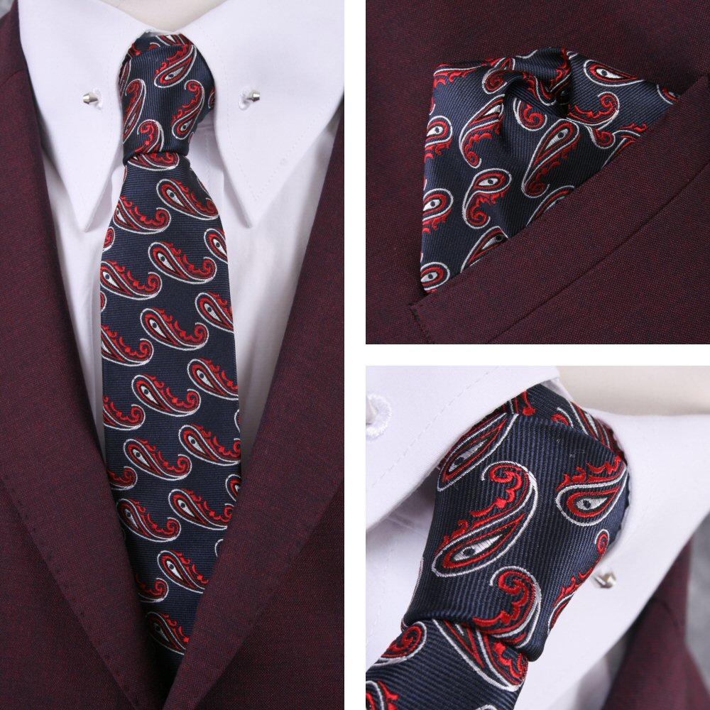 Knightsbridge Retro Mod 60's Matching Paisley Silk Slim Tie and Pocket Square Navy