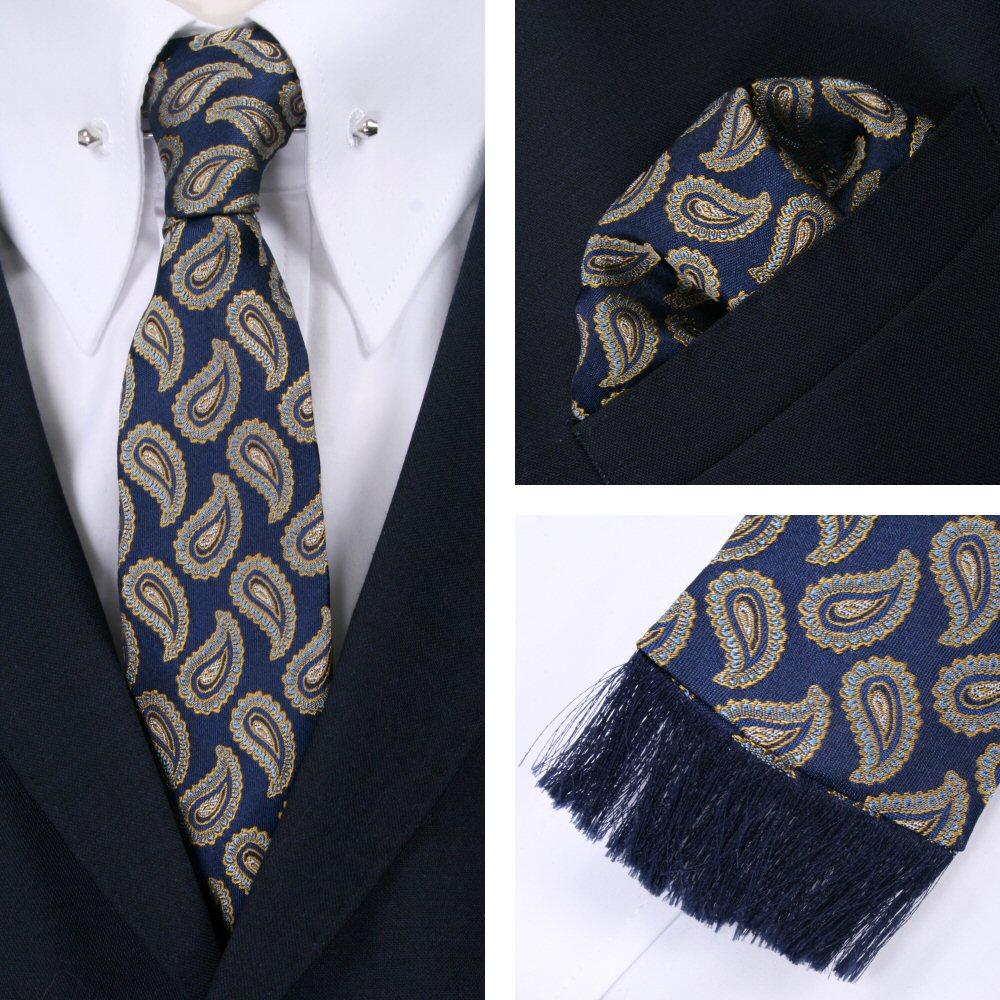 Knightsbridge Retro Square End Paisley Tie and Pocket Square Set Blue / Gold