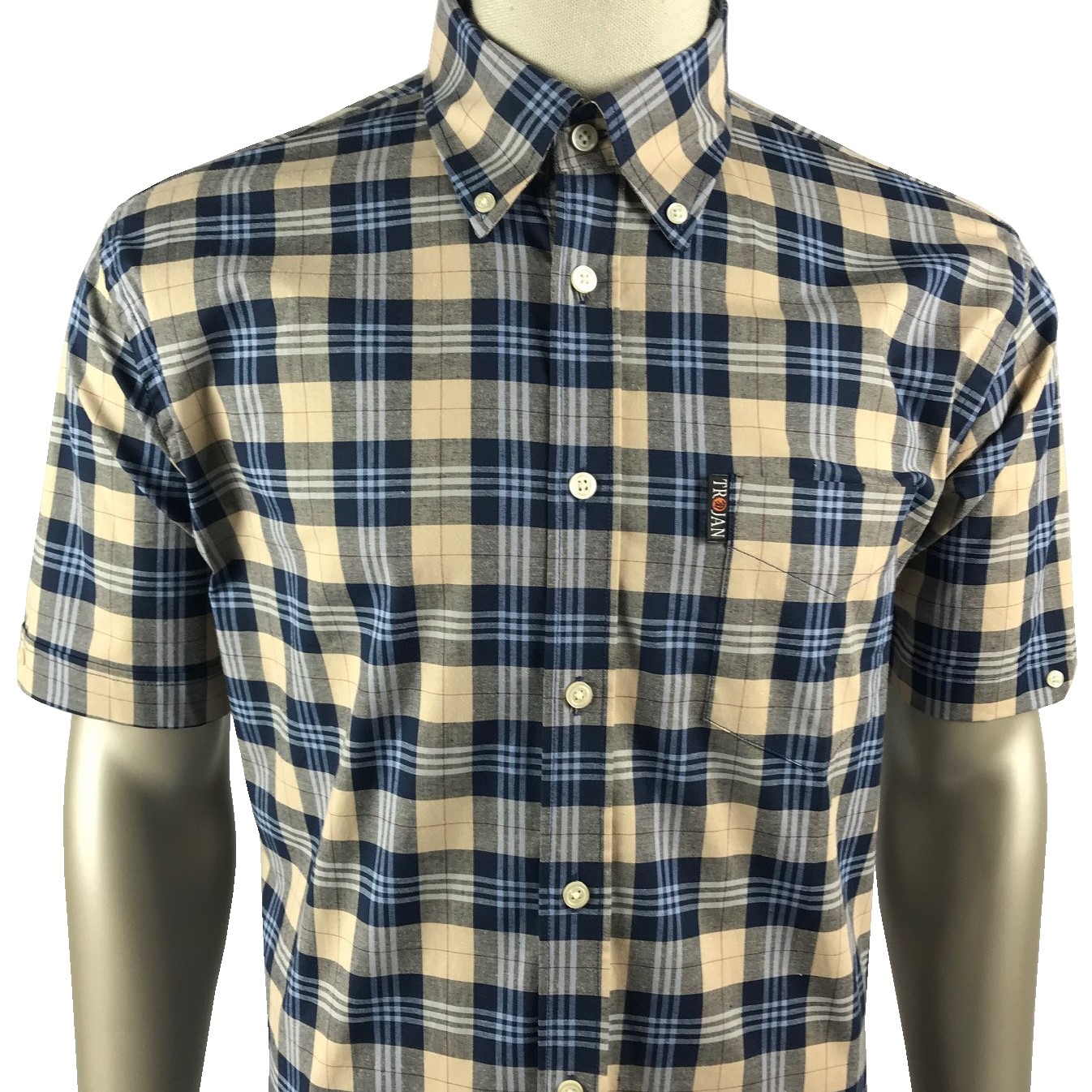 Trojan Records Mens Short Sleeve Tartan Check Shirt Stone Adaptor
