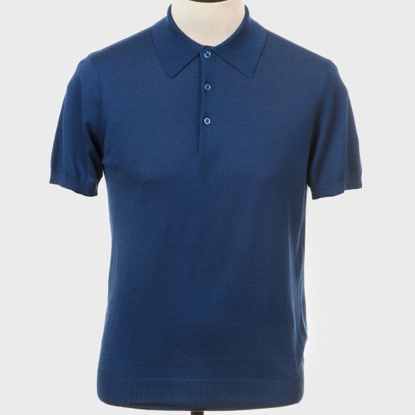 Art Gallery Retro Mod Plain Classic Fine Gauge Knit Polo Mid Blue
