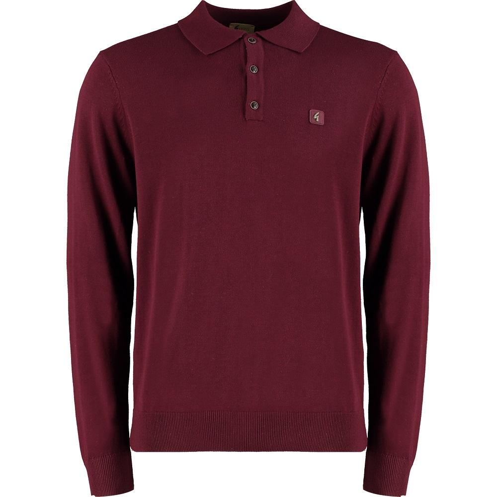 Gabicci Vintage 3 Button Plain Knit Long Sleeve Polo Port Wine
