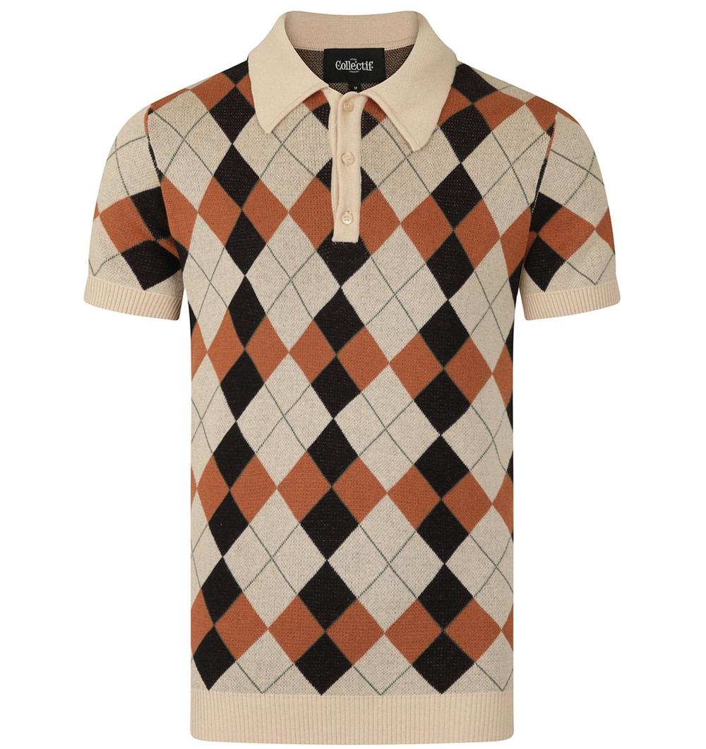 Collectif Argyle Pattern 3 Button Knit Polo Cream