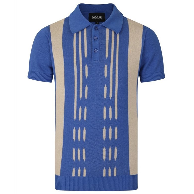 Collectif Retro Stripe Knit Polo Blue and Cream