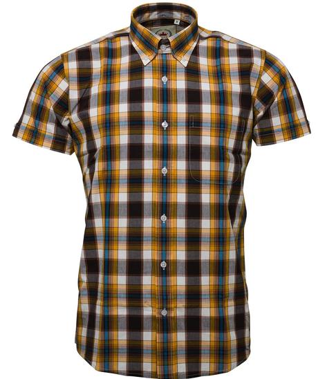 Relco Button Down Check Short Sleeve Shirt Mustard And Brown Thumbnail 1