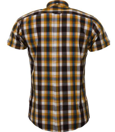Relco Button Down Check Short Sleeve Shirt Mustard And Brown Thumbnail 2