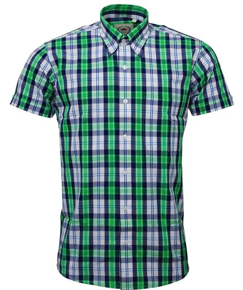 Relco Button Down Check Short Sleeve Shirt Green And Navy Thumbnail 1