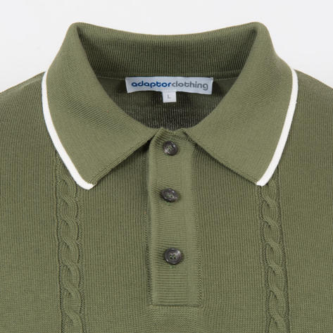 Adaptor Clothing Button Collar All Cotton Cable Knit Polo Green Thumbnail 2