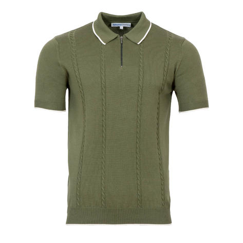 Adaptor Clothing Zip Collar All Cotton Cable Knit Polo Green