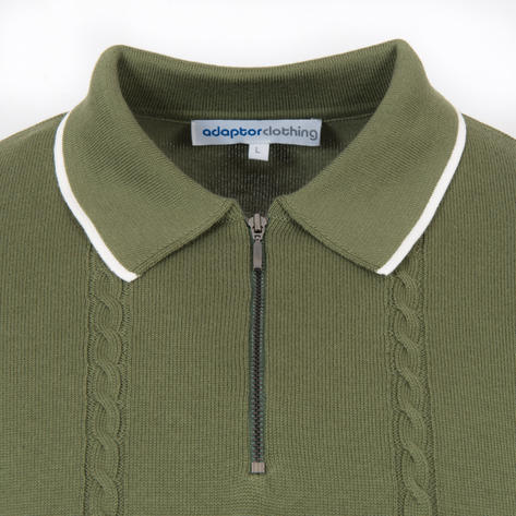 Adaptor Clothing Zip Collar All Cotton Cable Knit Polo Green Thumbnail 3