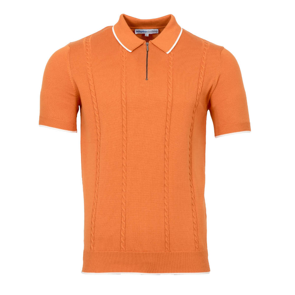 Adaptor Clothing Zip Collar All Cotton Cable Knit Polo Orange