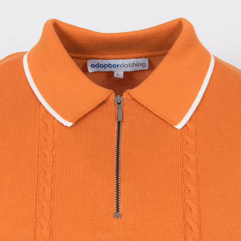 Adaptor Clothing Zip Collar All Cotton Cable Knit Polo Orange Thumbnail 3