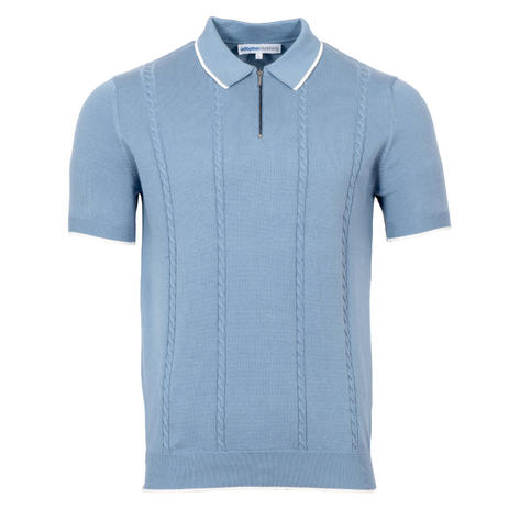 Adaptor Clothing Zip Collar All Cotton Cable Knit Polo Blue Thumbnail 1