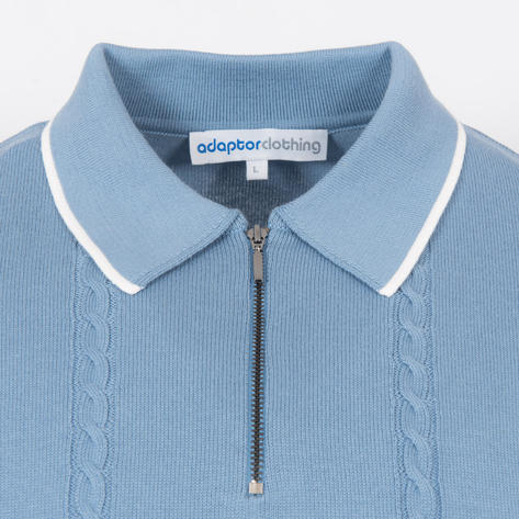 Adaptor Clothing Zip Collar All Cotton Cable Knit Polo Blue Thumbnail 3