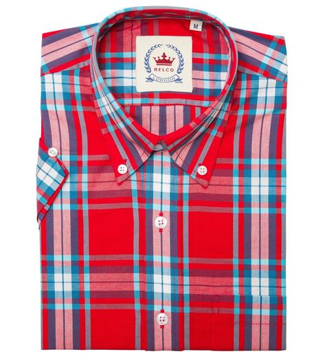 Relco Button Down Check Short Sleeve Shirt Red and Aqua Thumbnail 3