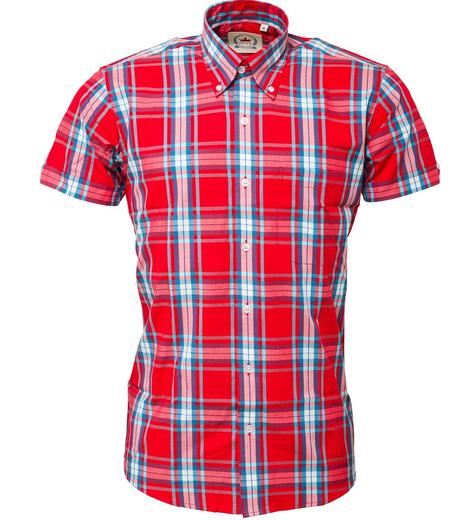 Relco Button Down Check Short Sleeve Shirt Red and Aqua Thumbnail 1