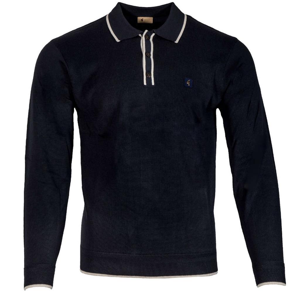 Gabicci Long Sleeve Contrast Tipping Fine Gauge Knit Polo Navy