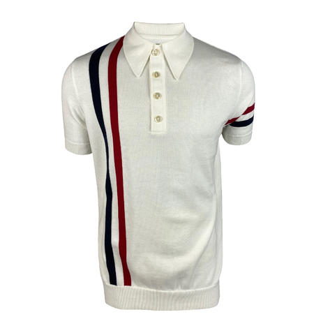 Ska & Soul Racing Stripe Knit Short Sleeve Spearpoint Polo Ecru Thumbnail 1