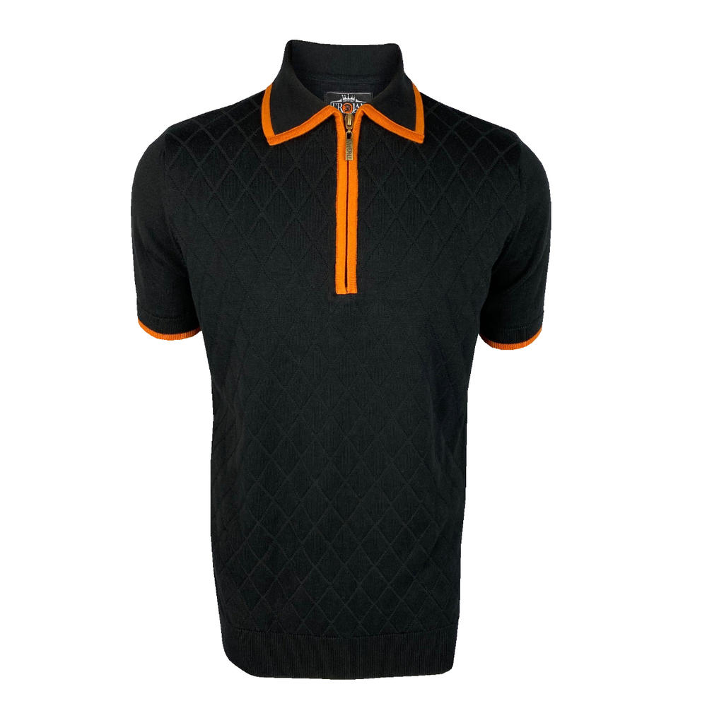 Trojan Records Diamond Knit Taped Zip Neck Polo Black