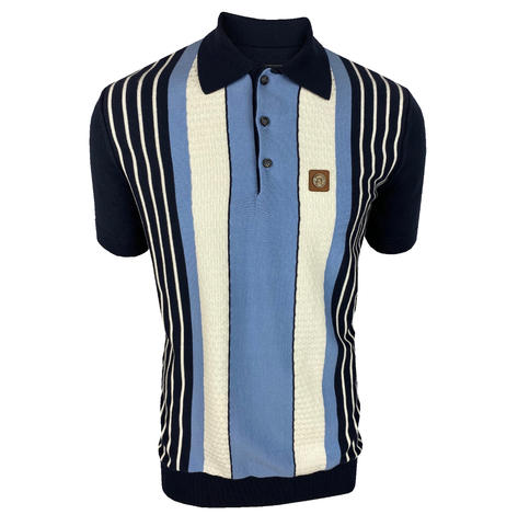 Trojan Records Texture Block Stripe Fine Knit Polo Navy