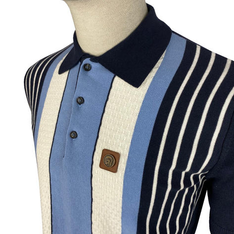 Trojan Records Texture Block Stripe Fine Knit Polo Navy Thumbnail 2