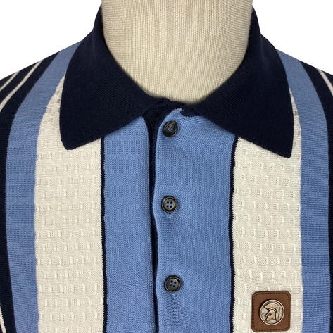 Trojan Records Texture Block Stripe Fine Knit Polo Navy Thumbnail 3