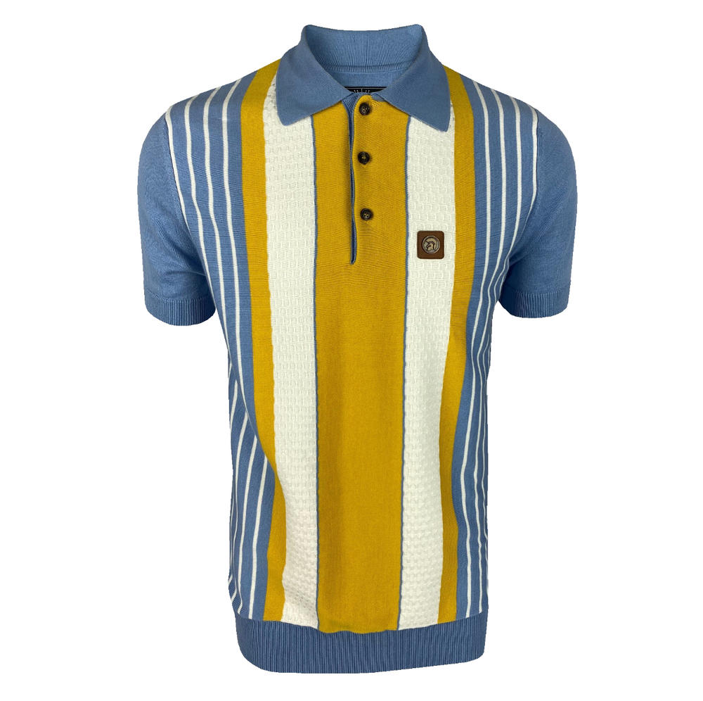 Trojan Records Texture Block Stripe Fine Knit Polo Navy 