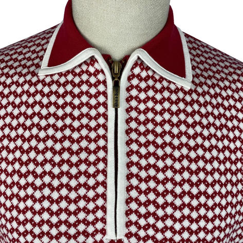 Ska & Soul Fine Gauge Knit Diamond Panel Zip Neck Polo Blood Thumbnail 3