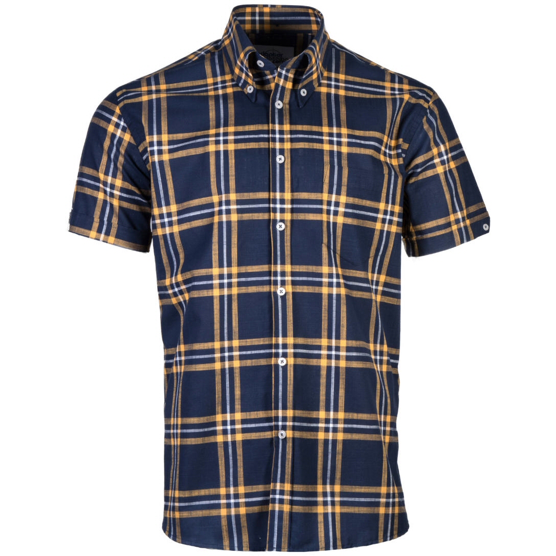 Adaptor Clothing Windowpane Short Sleeve Large Check Shirt Navy ...