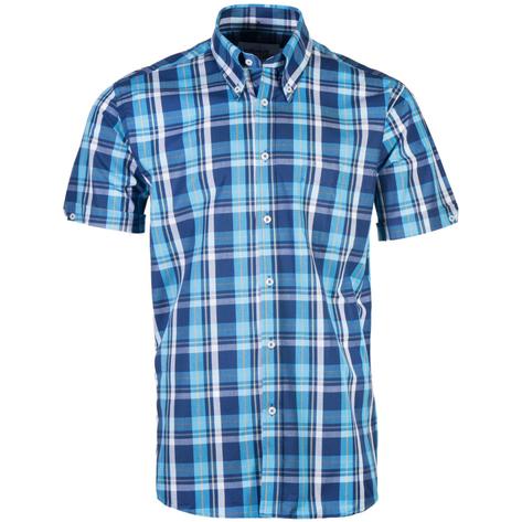 Adaptor Clothing Windowpane Short Sleeve Check Shirt Blue