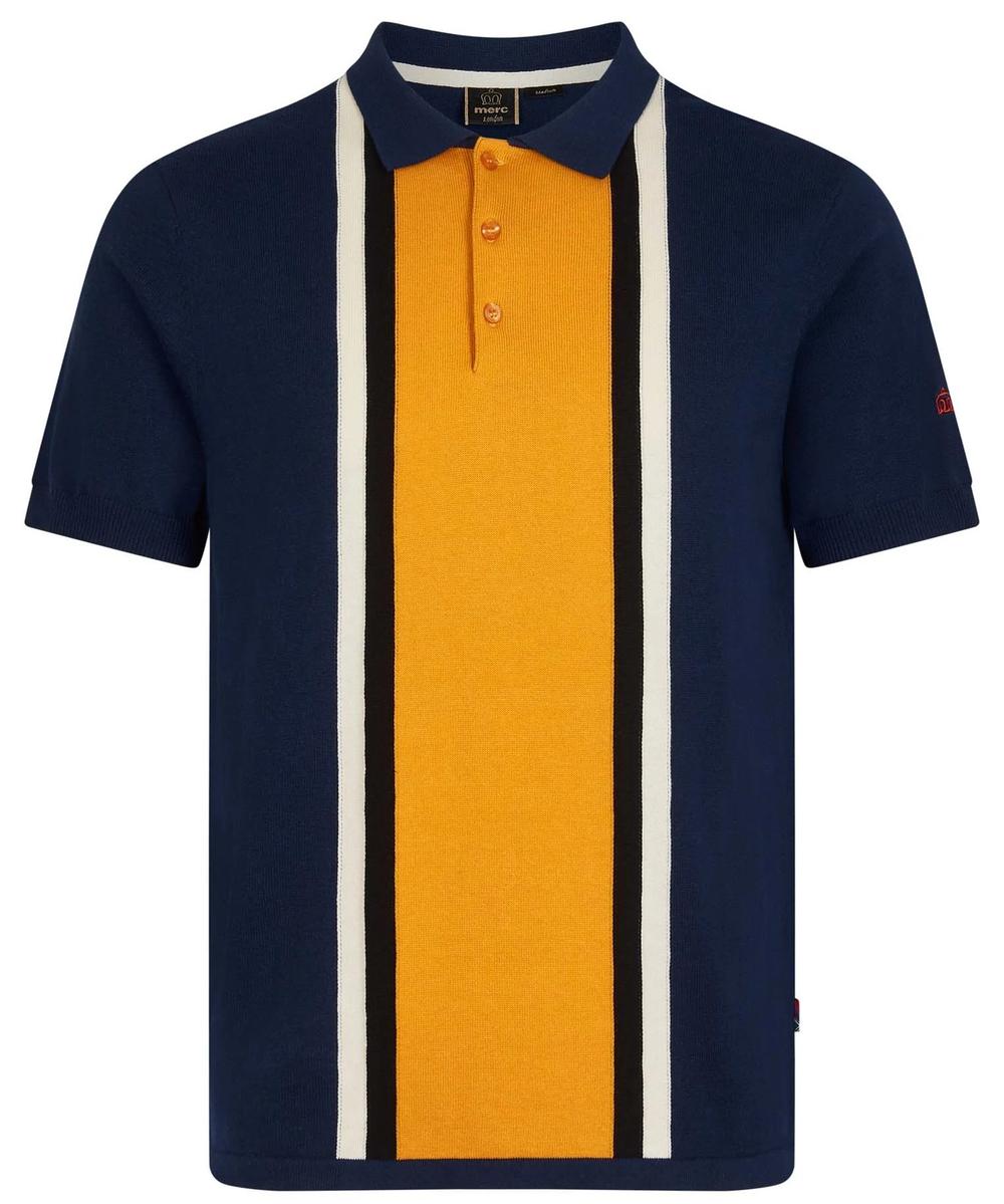 Merc London Block Stripe Fine Gauge Polo Shirt Navy