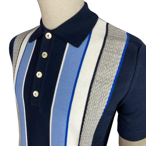 Ska & Soul Fine Knit Texture Block Stripe Polo Navy Thumbnail 2