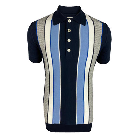 Ska & Soul Fine Knit Texture Block Stripe Polo Navy