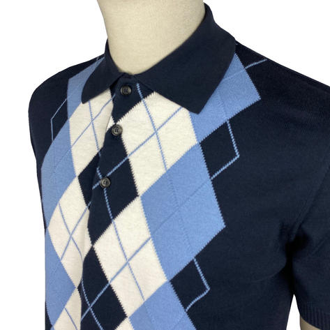 Trojan Records Argyle Diamond Fine Gauge Knit Polo Navy Thumbnail 2