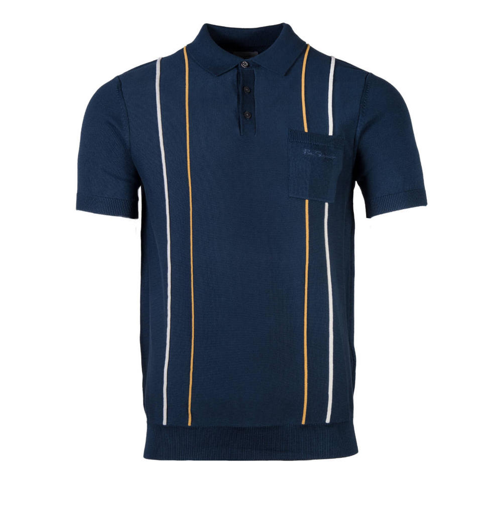 Ben Sherman Minimal Stripe Pocket Knit 3 Button Polo Blue