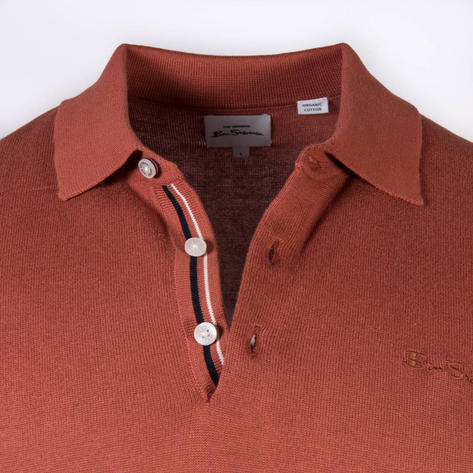 Ben Sherman Plain Fine Gauge Knit 3 Button Polo Brick Thumbnail 3