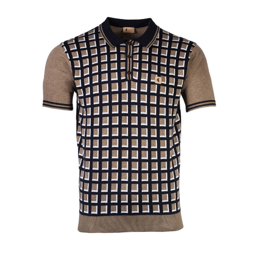 Gabicci Geometric Check Knit Polo Elmwood Khaki