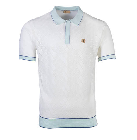Gabicci Vintage Pointelle Knit Concealed Placket Polo White Thumbnail 1