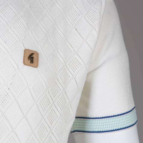Gabicci Vintage Pointelle Knit Concealed Placket Polo White Thumbnail 3
