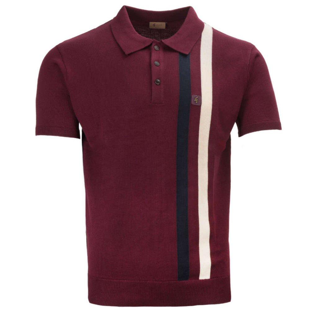 Gabicci Vintage Classic Racing Stripe Knit Polo Wine