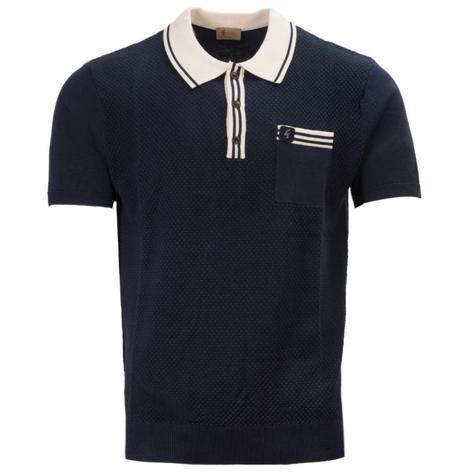 Gabicci Vintage Contrast Tipped Texture Knit Polo Shirt Navy