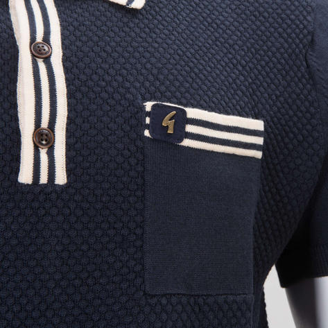 Gabicci Vintage Contrast Tipped Texture Knit Polo Shirt Navy Thumbnail 3