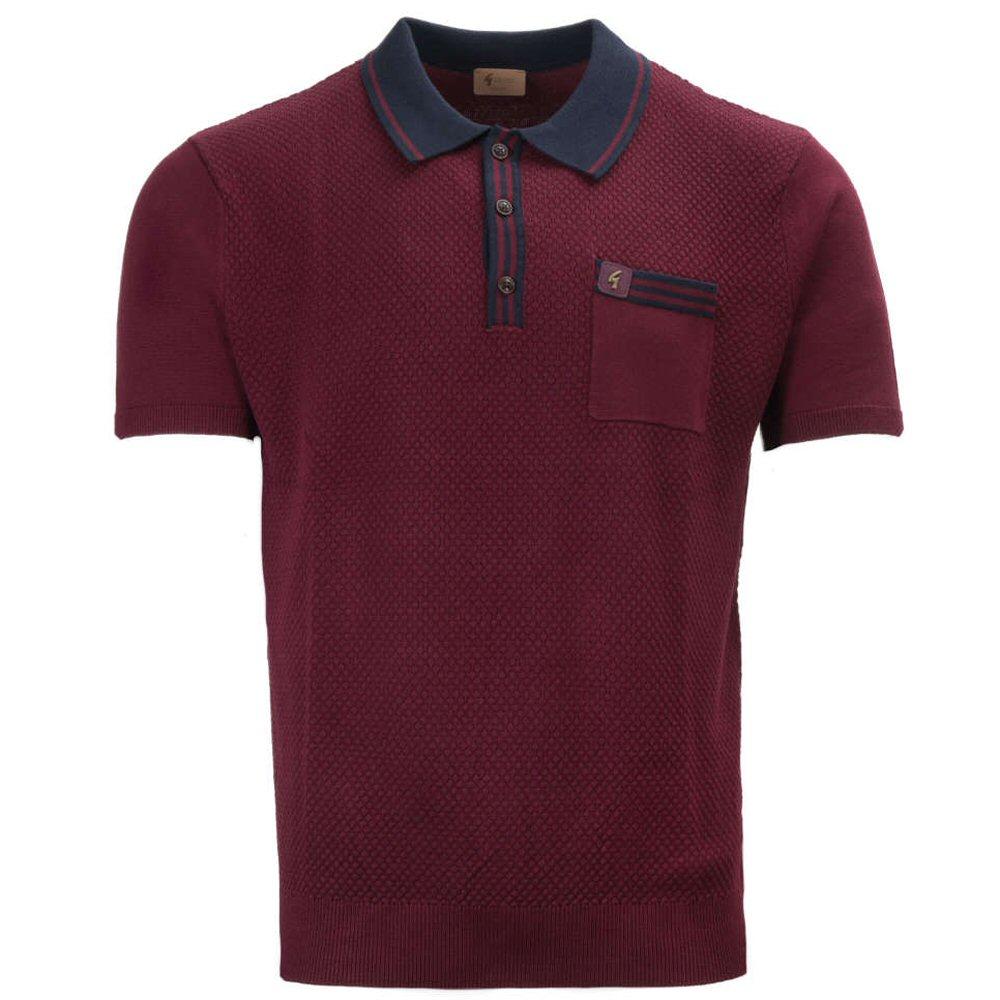 Gabicci Vintage Contrast Tipped Texture Knit Polo Shirt Wine