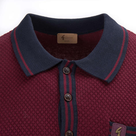 Gabicci Vintage Contrast Tipped Texture Knit Polo Shirt Wine Thumbnail 2