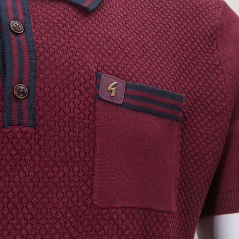 Gabicci Vintage Contrast Tipped Texture Knit Polo Shirt Wine Thumbnail 3