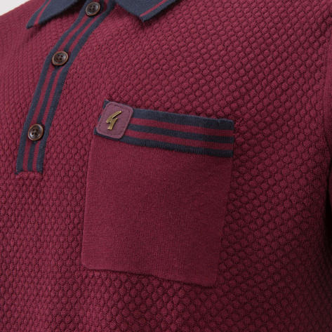 Gabicci Vintage Contrast Tipped Texture Knit Polo Shirt Wine Thumbnail 4