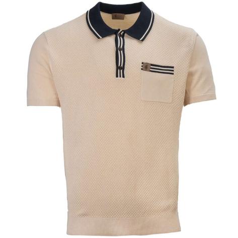 Gabicci Vintage Contrast Tipped Texture Knit Polo Shirt Oat