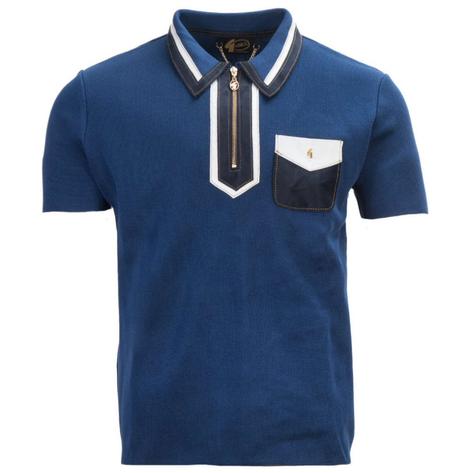 Gabicci Vintage Ltd Edition Faux Suede Zip Neck Knit Polo Blue